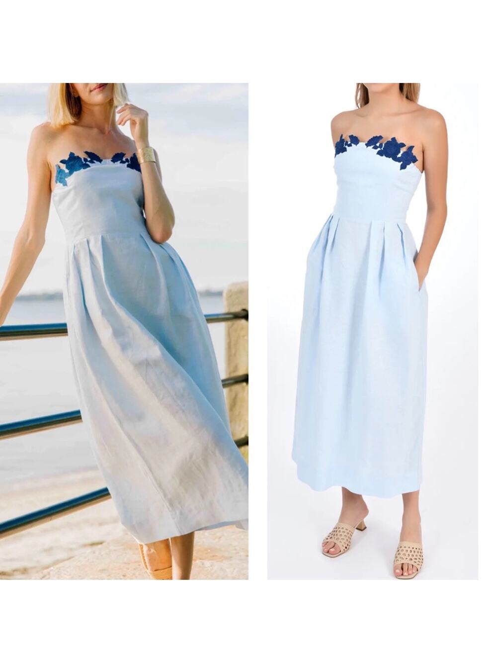 FANM MON Lorr Strapless Floral Embroidered Light Lagoon Blue Midi Dress Size XL